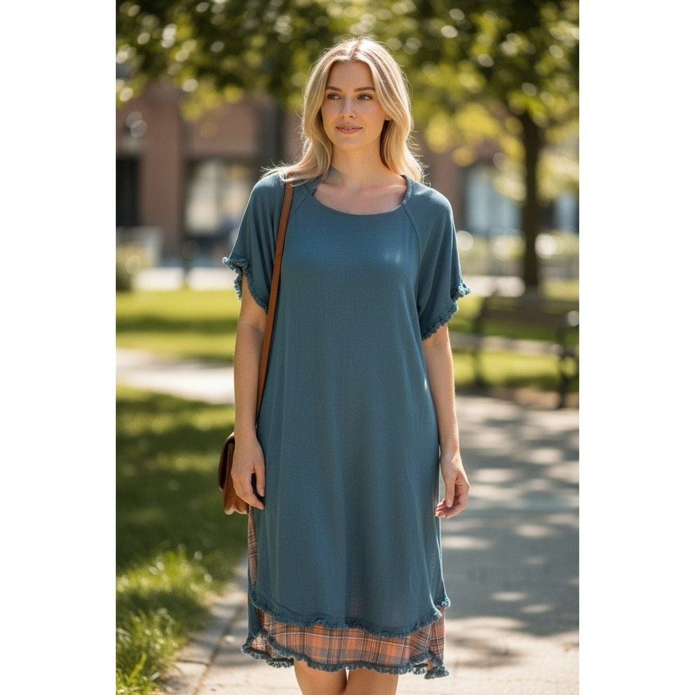 Umgee Shift Dress Womens Small Blue Orange Plaid Linen Blend Frayed Hem M5382 EX